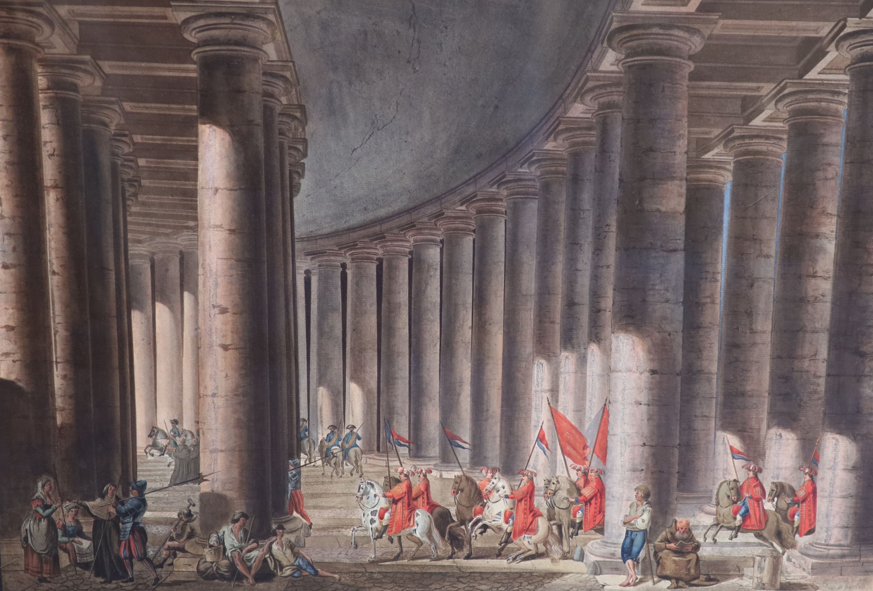 Italian School c.1800 , The Pope in Procession from St Peter's Square, through the Colonnades into the Basilica, set of four outlined engravings extensively hand coloured in watercolour, largest 46 x 69.5cm